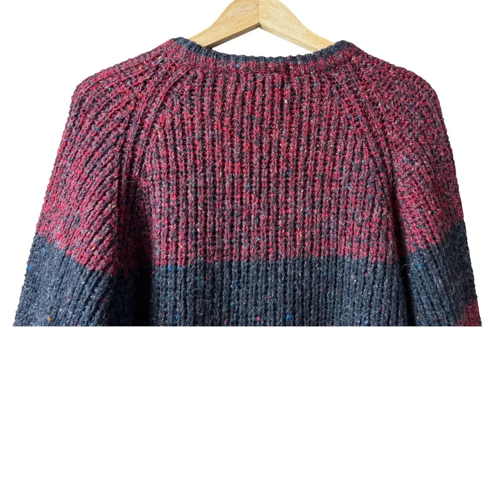 VTG Mens Striped Wool Blend Crewneck Sweater Burgundy Grey L Eclectic Grandpa‎